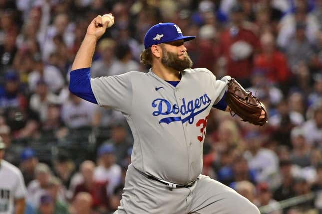 Oct 11, 2023; Phoenix, Arizona, USA; Los Angeles Dodgers starting pitcher Lance Lynn (35) throws a pitch against the Arizona Diamondbacks in the first inning for game three of the NLDS for the 2023 MLB playoffs at Chase Field.
