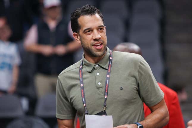 March 23, 2024;  Atlanta, Georgia, United States;  Atlanta Hawks general manager Landry Fields on the field before a game against the Charlotte Hornets at State Farm Arena.