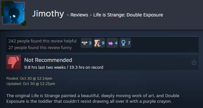 A screenshot shows a Steam review of Life is Strange: Double Exposure.