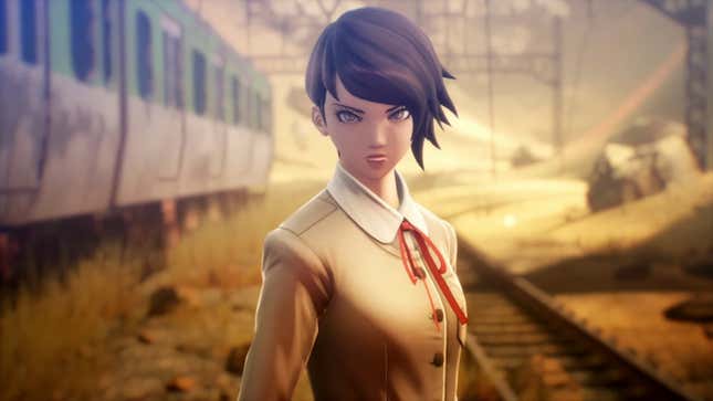 A character stands on train tracks.