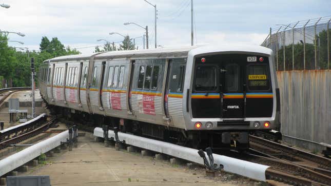 MARTA train CQ310, led by car 107, switching tracks heading southbound from Lakewood Station