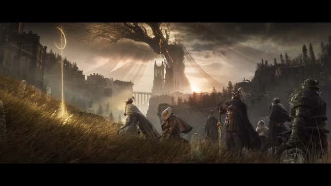 A screenshot for a trailer of Shadow of the Erdtree showing multiple NPCs in the Land of Shadow following in Miquella’s footsteps.