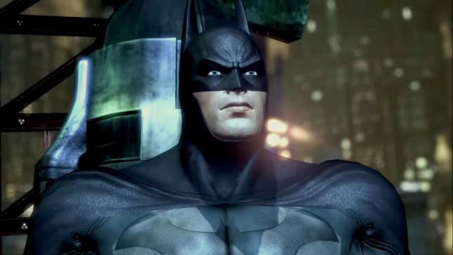 Bruce "Batman" Wayne looks up at the Gotham City sky in Batman: Arkham Trilogy on Nintendo Switch.