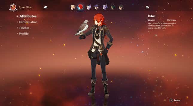 The character screen shows Diluc, a red-haired man with a hawk perched on his wrist.