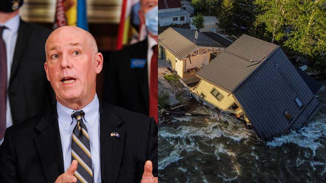 File photo of Montana Gov. Greg Gianforte on Feb. 10, 2021 (left) A house sits in Rock Creek after floodwaters washed away a road and a bridge in Red Lodge, Montana, June 15, 2022.
