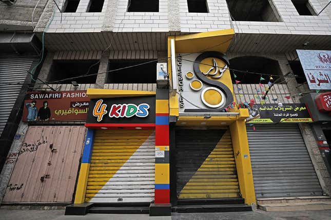 A general view of closed shops during a strike in Gaza City.