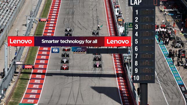  Marta Garcia of Spain and PREMA Racing (15) and Abbi Pulling of Great Britain and Rodin Carlin (10) lead the field into turn one at the start during F1 Academy Series Round 7:Austin race 1 at Circuit of The Americas on October 21, 2023 in Austin, Texa