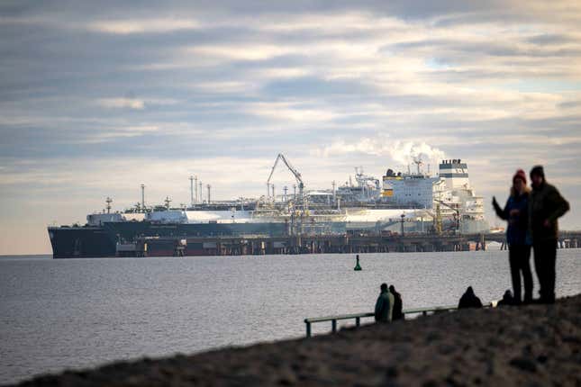 FILE - The tanker Maria Energy, left, loaded with liquefied natural gas, is moored at the floating terminal Hoegh Esperanza, in Wilhelmshaven, Germany, Jan. 3, 2023. Attacks by Yemen&#39;s Houthi rebels are posing a new threat to the future of energy supplies to the European Union, which relies on imported oil and natural gas to power factories, generate electricity, run vehicles and more. (Sina Schuldt/dpa via AP, file)