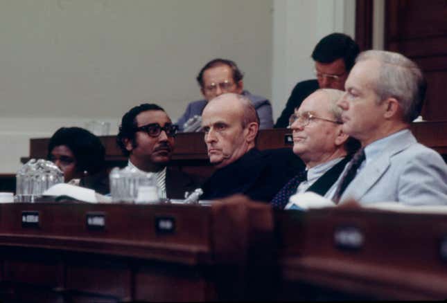 Congressman Charles Rangel, Congressman Robert Drinan, Congressman George E Danielson appearing on the ABC News coverage of the impeachment hearing for President Richard Nixon