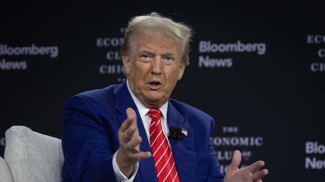 Republican presidential nominee former President Donald Trump Is interviewed by Bloomberg News Editor-in-Chief John Micklethwait during a luncheon hosted by the Economic Club of Chicago on October 15, 2024 in Chicago, Illinois. 