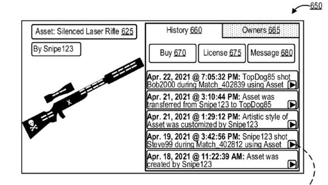 A patent drawing depicts an in-game item tracked to specific players and games.