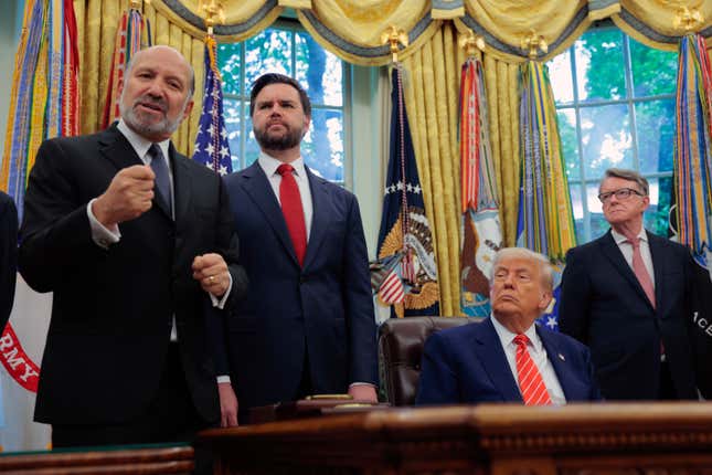President Donald Trump, along with (L-R) Secretary of Commerce Howard Lutnick, Vice President JD Vance, and British Ambassador to the U.S. Peter Mandelson, addresses reporters in the Oval Office at the White House on May 8, 2025, in Washington, D.C. During his remarks Trump spoke about a trade deal with the United Kingdom.