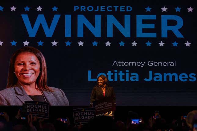 NEW YORK, NY - NOVEMBER 08: New York Attorney General Letitia James makes an appearance after being the projected winner of her reelection campaign on November 8, 2022, in New York City. In her bid for re-election, Governor Hochul faces Republican challenger Lee Zeldin.