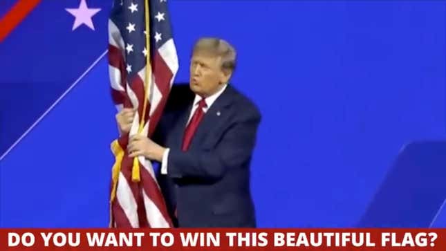 Screenshot of a video ad currently running on Facebook showing Trump groping an American flag and offering campaign contributors the chance to win it.
