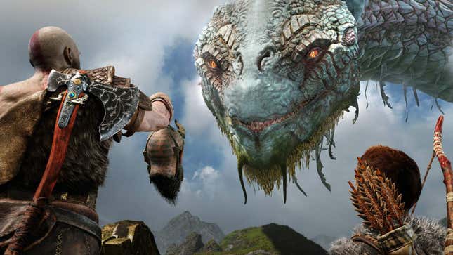 Kratos, Mimir, and Atreus speak to the World Serpent in God of War 2018.