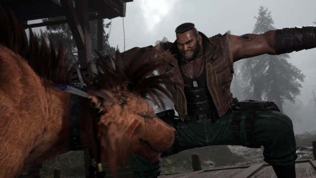 Barret poses with his arms spread wide in front of Red XIII.