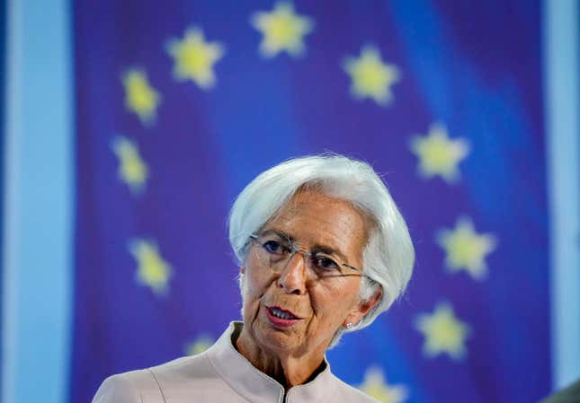 President of European Central Bank Christine Lagarde speaks at the press conference in Frankfurt, Germany, Thursday, Sept.14, 2023, after a meeting of the ECB&#39;s governing council. (AP Photo/Michael Probst)