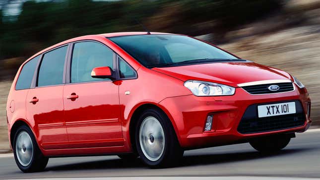 A photo of a red Ford C Max minivan. 