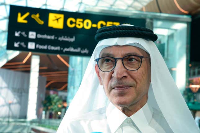 FILE - Qatar Airways CEO Akbar Al Baker listens to a journalist&#39;s question at Hamad International Airport, Nov. 10, 2022, in Doha, Qatar. Al Baker is stepping down after 27 years at the helm of the company. His retirement will go into effect on Sunday, Nov. 5, 2023, Qatar Airways said Monday, Oct. 23. (AP Photo/Lujain Jo, File)