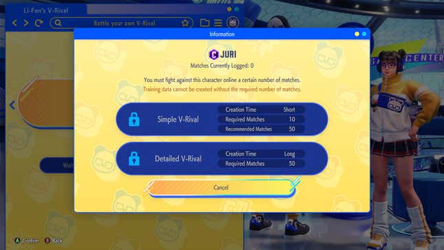 The Self V-Rival menu, which shows how many matches are needed to generate one.