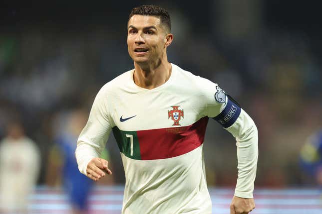 FILE - Portugal&#39;s Cristiano Ronaldo reacts after scoring during the Euro 2024 group J qualifying soccer match against Bosnia-Herzegovina at the Bilino Polje Stadium in Zenica, Bosnia and Herzegovina, Oct. 16, 2023. Ronaldo has been hit with a billion dollar class-action lawsuit over his role in promoting cryptocurrency-related “non-fungible tokens,” or NFTs, issued by the beleaguered cryptocurrency exchange Binance. The lawsuit, filed in federal court in the Southern District of Florida Monday, Nov. 27, 2023 accuses Ronaldo’s promotions of Binance of being “deceptive and unlawful.” (AP Photo/Armin Durgut, file)