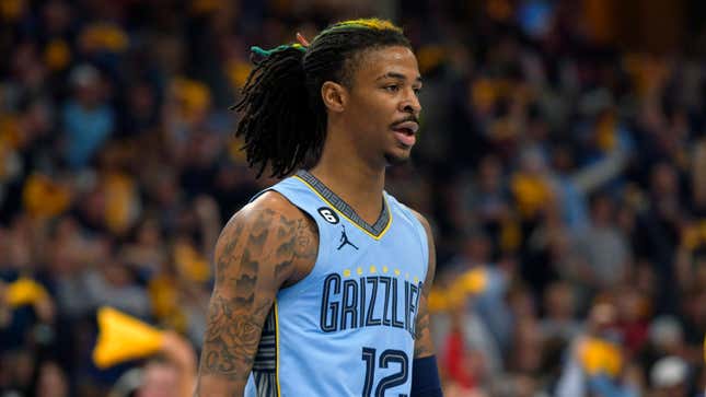 Memphis Grizzlies guard Ja Morant (12) plays during the first half of Game 5 in a first-round NBA basketball playoff series against the Los Angeles Lakers Wednesday, April 26, 2023, in Memphis, Tenn.