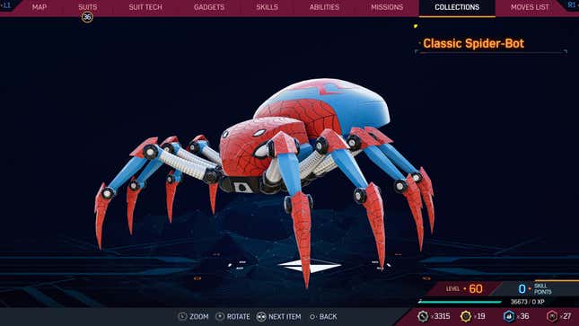 A Spider-Bot is shown in the collections menu. 