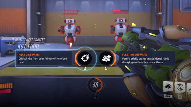 The UI of Orisa picking between two perks.