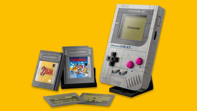 The Lego Game Boy and paks, on a yellow background.