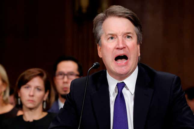 US Supreme Court nominee Judge Brett Kavanaugh testifies before the Senate Judiciary Committee on Capitol Hill in Washington, DC, on September 27, 2018. - University professor Christine Blasey Ford, 51, told a tense Senate Judiciary Committee hearing that could make or break Kavanaugh's nomination she was "100 percent" certain he was the assailant and it was "absolutely not" a case of mistaken identify. (Photo by JIM BOURG / POOL / AFP) (Photo by JIM BOURG/POOL/AFP via Getty Images)