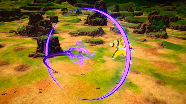 Hit dashes to the left while flying toward a giant yellow monkey, leaving a purple trail behind him.