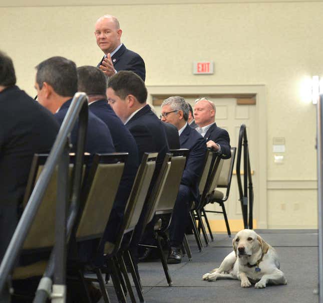 With Tennessee Senator Jon Lundberg’s dog, Nash, keeping an eye on the proceedings, Tennessee Deputy Comptroller Jason Mumpower speaks at the 2019 Regional Legislative Breakfast Friday, Jan. 11, 2019. Mumpower this week assumed control of the finances of Mason, Tenn., a small, mostly-black town that sits adjacent to the site of a multi-billion-dollar new auto plant planned by Ford Motor Co.