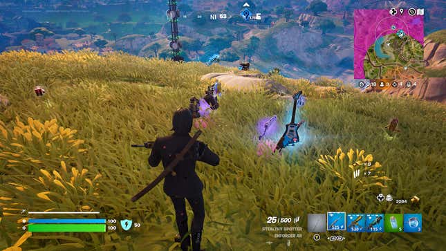 A Fortnite character stands on a grassy hill with a guitar, a gun, and other items before them.