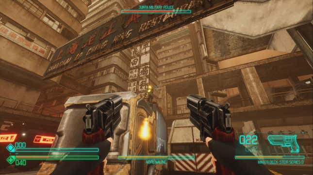 An image shows a player holding two pistols in Sprawl. 