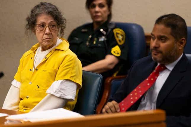 Defendant Susan Lorincz, left, who fatally shot a Black neighbor through her front door during an ongoing dispute, listens to proceedings during her sentencing hearing Monday, Nov. 25, 2024, in Ocala, Fla. 

