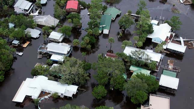 Homes surrounded by floodwaters left behind by Hurricane Idalia in Steinhatchee, Florida, on August. 30, 2023.