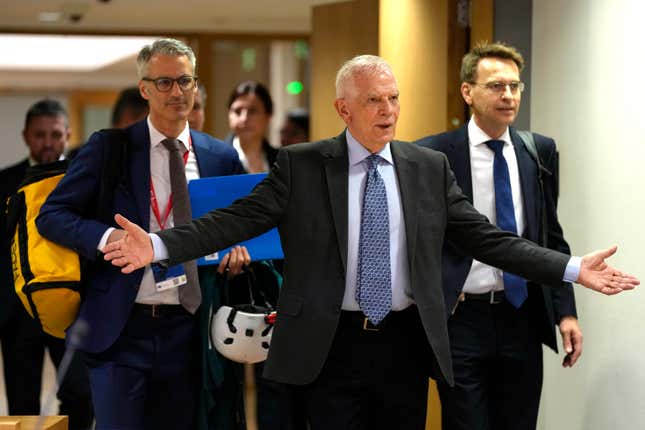 European Union foreign policy chief Josep Borrell arrives for a meeting of EU foreign ministers at the European Council building in Brussels, Monday, March 18, 2024. European Union foreign ministers on monday will discuss Russia&#39;s aggression against Ukraine, Belarus, and the situation in the Middle East. (AP Photo/Virginia Mayo)