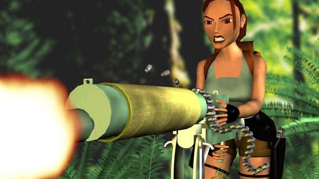 Lara Croft shoots a Gatling gun. 