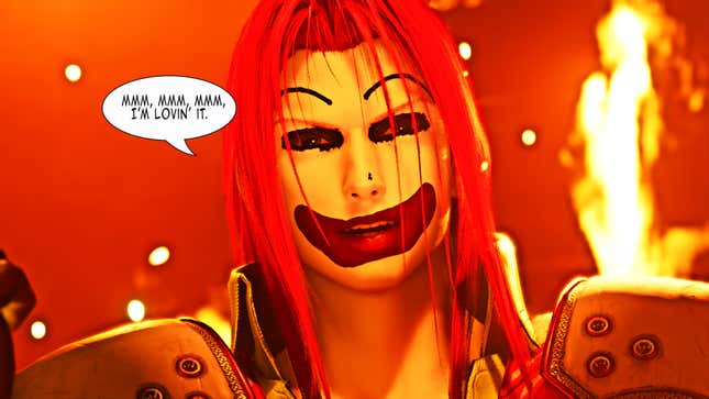 Sephiroth wearing Ronald McDonald's red wig and makeup says "Mmm, mmm, mmm, I'm lovin' it."