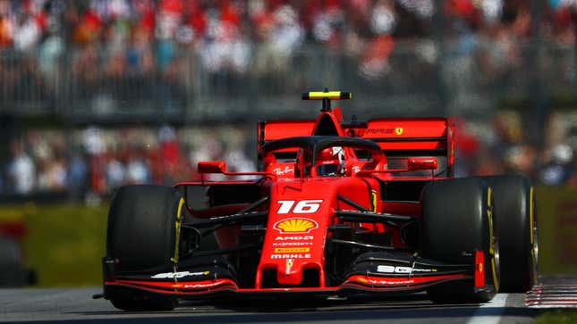 A photo of the front end of the Ferrari F1 car of Charles Leclerc in Canada in 2019. 