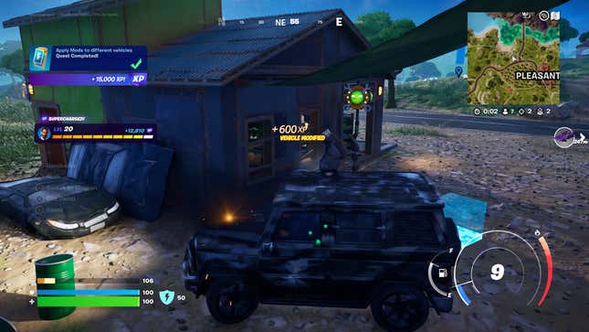 A Jeep-like vehicle is outside a gas station. Text onscreen reads "+600XP, VEHICLE MODIFIED"