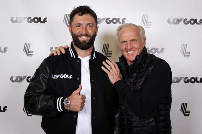 In a photo provided by LIV Golf, Jon Rahm, left, and LIV Golf Commissioner and CEO Greg Norman pose for a photo in New York on Thursday, Dec. 7, 2023. Rahm announced Thursday he&#39;s joining LIV Golf. (Photo by Scott Taetsch/LIV Golf via AP)