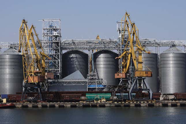 FILE - Exterior view of the grain storage terminal during visit of United Nations Secretary General Antonio Guterres at the Odesa Sea Port, in Odesa, Ukraine, Aug. 19, 2022. Two cargo ships have arrived in one of Ukraine’s ports Saturday, using a temporary Black Sea corridor established by the government. They&#39;re the first since Russia’s withdrawal from a wartime agreement designed to ensure safe grain exports from the invaded country’s ports (AP Photo/Kostiantyn Liberov, File)