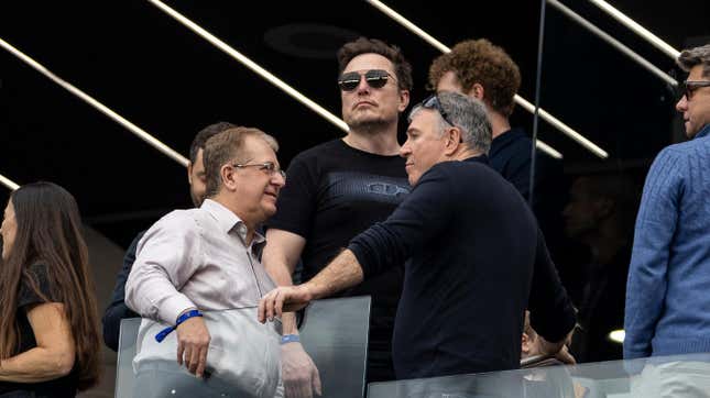 Elon Musk looks on from his suite prior to the NFL Super Bowl 58 football game between the San Francisco 49ers and the Kansas City Chiefs at Allegiant Stadium on February 11, 2024 in Las Vegas, Nevada. 