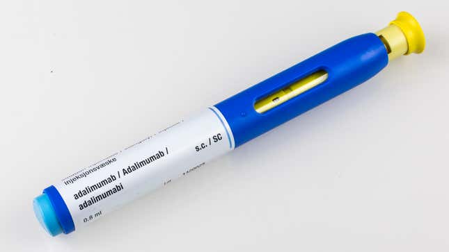 An autoinjector product containing adalimumab.