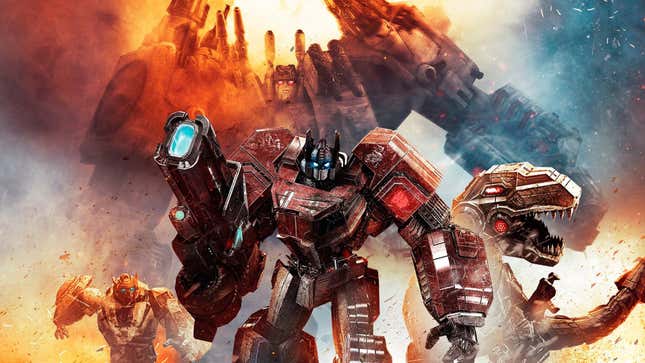 An image show Optimus Prime and other Transformers standing together. 