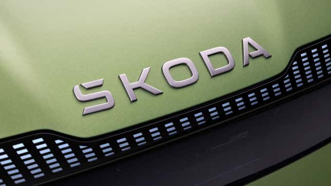 A render of the new Skoda wordmark on the front of a concept car. 