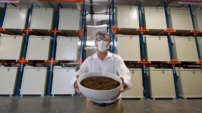 Micah Truman, CEO of a Washington-based human composting company, poses with a photo of compost made from animal remains to illustrate the process.