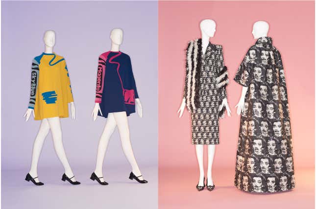 Camp can effectively combine high art and pop culture in a way that is not kitsch (which is simply awful). Left: Crayon-inspired “Rothola” dresses by Christian Francis Roth, 1990; Pop-Art stamped ensembles by Marc Jacobs, 2016.