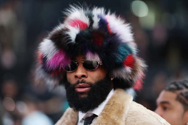 PARIS, FRANCE - JANUARY 25: Former professional football player Odell Beckham Jr. looks on during the game between the San Antonio Spurs and the Indiana Pacers at The Accor Arena on January 25, 2025 in Paris, France. 